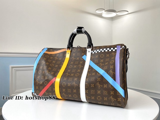 路易威登LV旅行包 M55819 KEEPALL 50旅行袋 LV老花黑皮條紋格子絲印男士旅行袋 xxlv2562